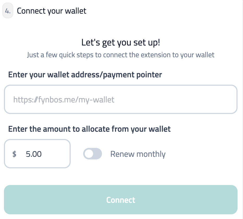 Set up screen with fields for wallet address/payment pointer and amount and a renew monthly toggle (default is off).