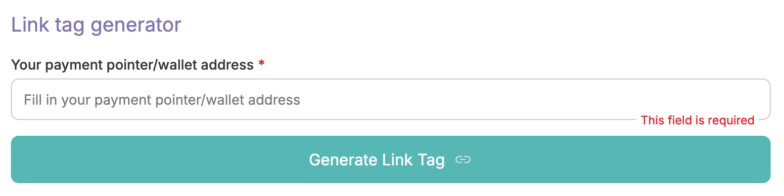 Link tag generator with an empty wallet address field